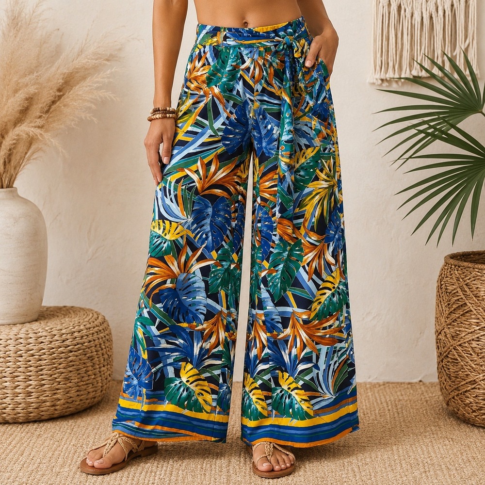 Fashion Nova Womens Tropical Palm Print Wide Leg Palazzo Pants Blue Orange M